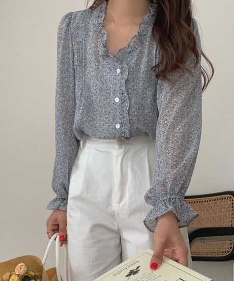 flower V neck chiffon blouse/3color
