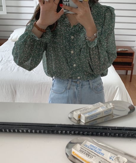 flower V neck chiffon blouse/3color