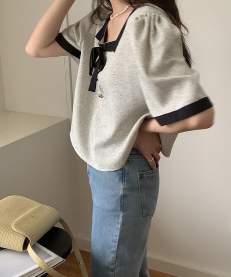 ribbon square neck blouse/2color