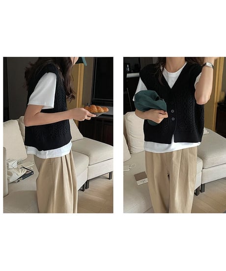 V neck cable knit vest/3color