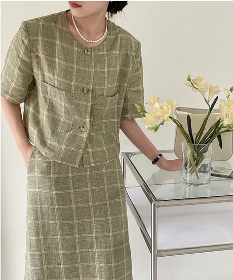 （linen 100%）linen check SET UP(上)/2color