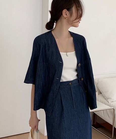 no collar denim jacket(half sleeve)/2color