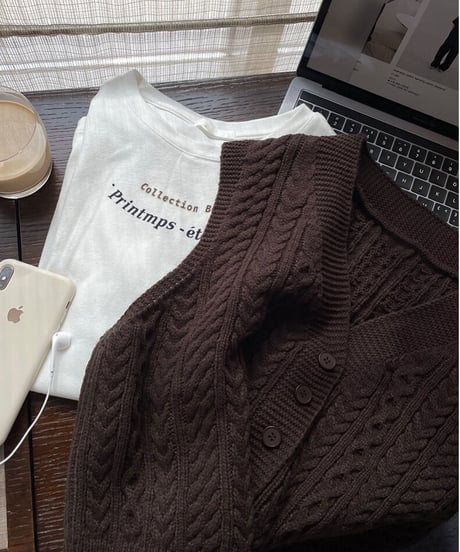 V neck cable knit vest/3color