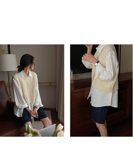 V neck cable knit vest/3color