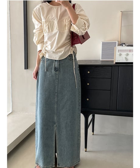 front slit denim long skirt