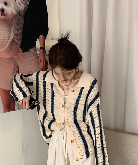 [OUTLET]stripe open collar cardigan