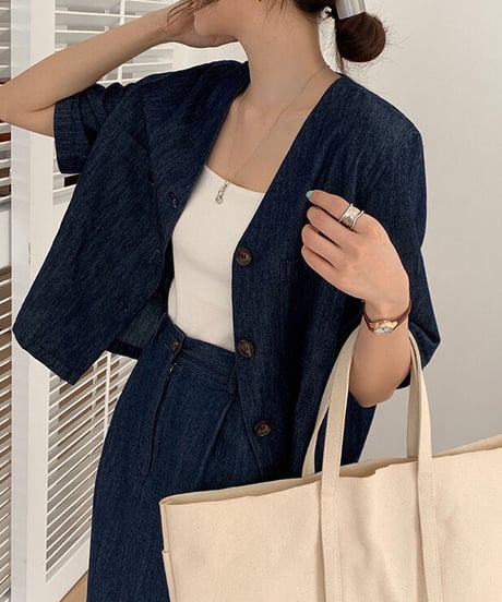 no collar denim jacket(half sleeve)/2color