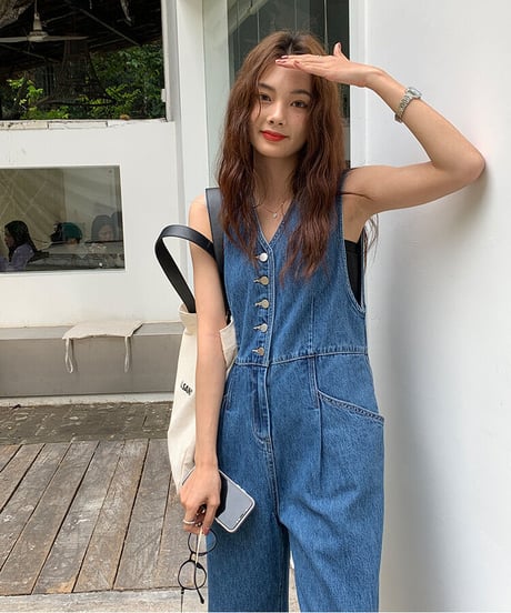 sleeveless denim jump suit/2color