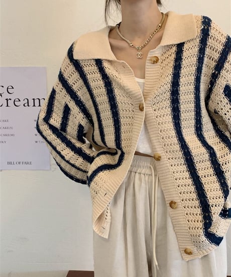 [OUTLET]stripe open collar cardigan