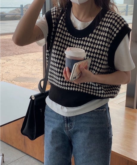 pattern knit vest/2 color