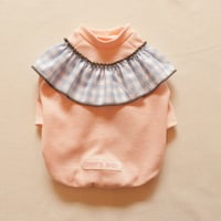 ピンクのPreschoolトップス（水色ギンガムのフリル）