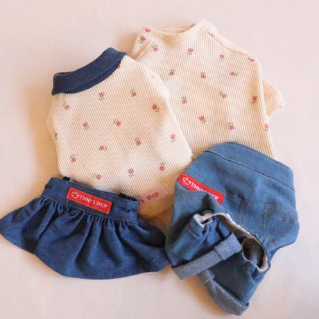 即納★【サンプルSALE】デニム襟ワッフルタンク（ベージュ×チューリップ）