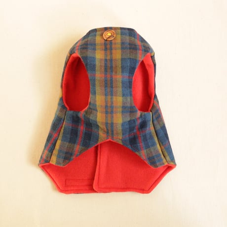 即納★【サンプルSALE】背開きベスト（青チェック×赤フリース）