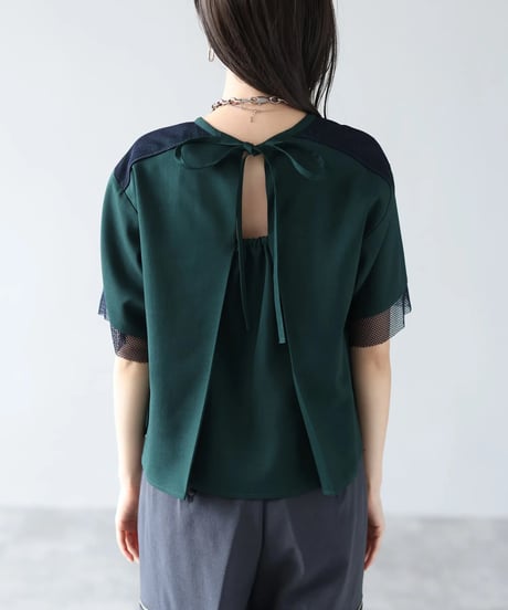 【HERENCIA （ヘレンチア）】切替メッシュ バックオープンブラウス