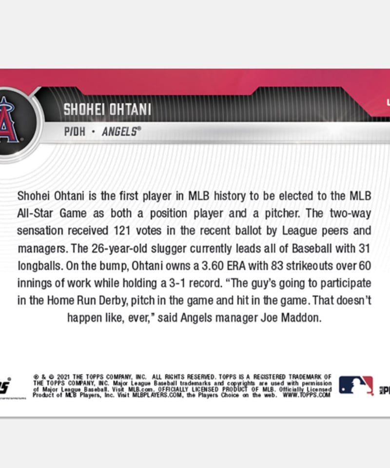 入荷 残り僅 2021 topps now 大谷翔平 史上初の二刀流でオールスター