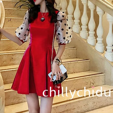 パーティードレス ドット柄スリーブ ミニ丈 フレア ボルドー