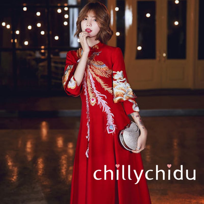 チャイナドレス風ワンピ ロング丈 刺繍 フレア ボルドー | chillychidu