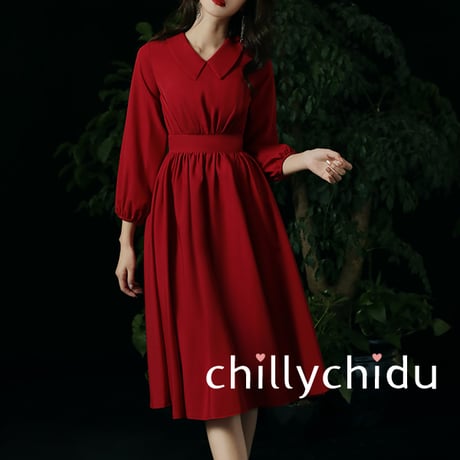 ワンピース ミディアム丈 ランタンスリーブ フレア 赤