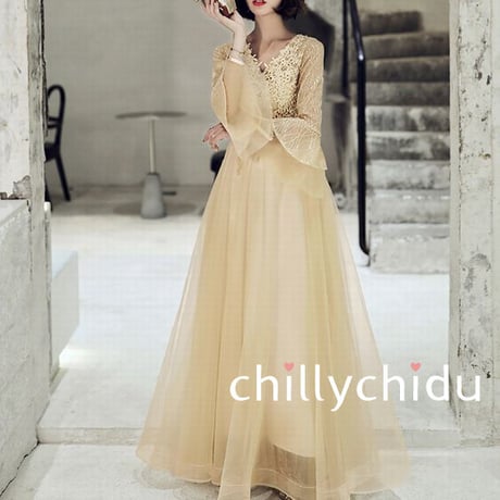 パーティードレス マキシ丈 フレア ベルスリーブ Vネック 金色