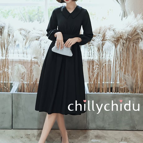 ワンピース ミディアム丈 ランタンスリーブ フレア 黒