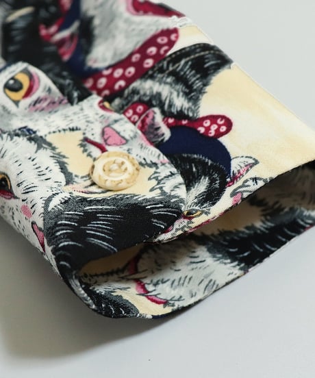 【再入荷無し】伊賀くみひもアロハシャツ 猫忍者（ベージュ・長袖）/IGA KUMIHIMO ALOHA-SH NEKONINJA（BEIGE・LONG SLEEVE）