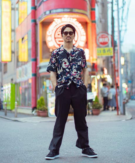 伊賀くみひもアロハシャツ 猫忍者（紺・半袖）/IGA KUMIHIMO ALOHA-SH NEKONINJA（NAVY SHORT SLEEVE）