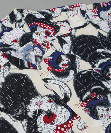 【再入荷無し】伊賀くみひもアロハシャツ 猫忍者（ベージュ・長袖）/IGA KUMIHIMO ALOHA-SH NEKONINJA（BEIGE・LONG SLEEVE）