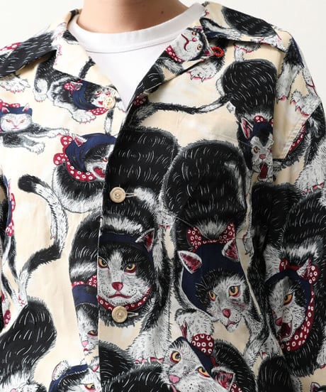 【再入荷無し】伊賀くみひもアロハシャツ 猫忍者（ベージュ・長袖）/IGA KUMIHIMO ALOHA-SH NEKONINJA（BEIGE・LONG SLEEVE）