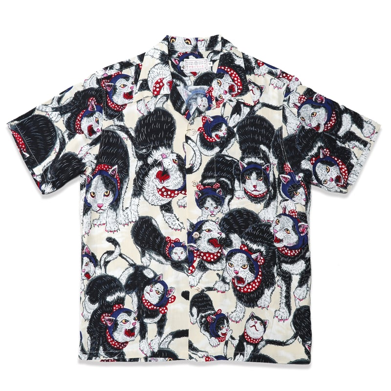 再入荷】伊賀くみひもアロハシャツ 猫忍者（ベージュ・半袖