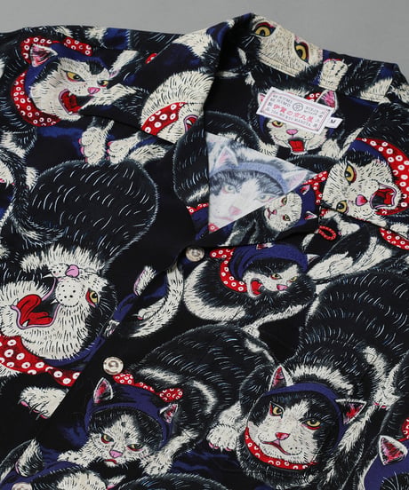 【再入荷無し】伊賀くみひもアロハシャツ 猫忍者（紺・長袖）/IGA KUMIHIMO ALOHA-SH NEKONINJA（NAVY・LONG SLEEVE）