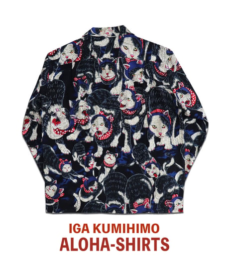 【再入荷無し】伊賀くみひもアロハシャツ 猫忍者（紺・長袖）/IGA KUMIHIMO ALOHA-SH NEKONINJA（NAVY・LONG SLEEVE）