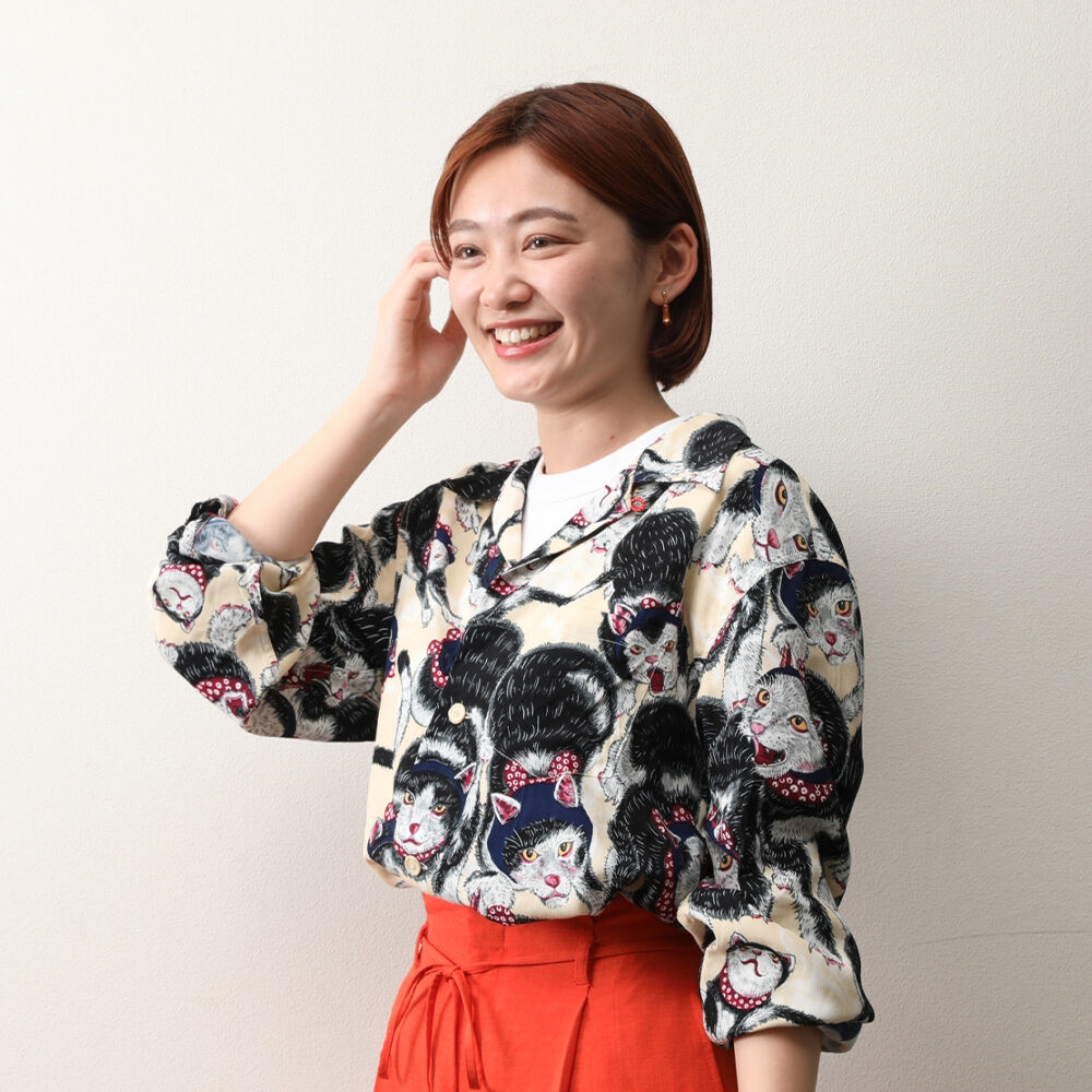 伊賀くみひもアロハシャツ 猫忍者（ベージュ・長袖）/IGA KUMIHIMO