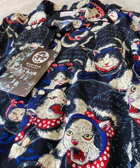 伊賀くみひもアロハシャツ 猫忍者（紺・半袖）/IGA KUMIHIMO ALOHA-SH NEKONINJA（NAVY SHORT SLEEVE）