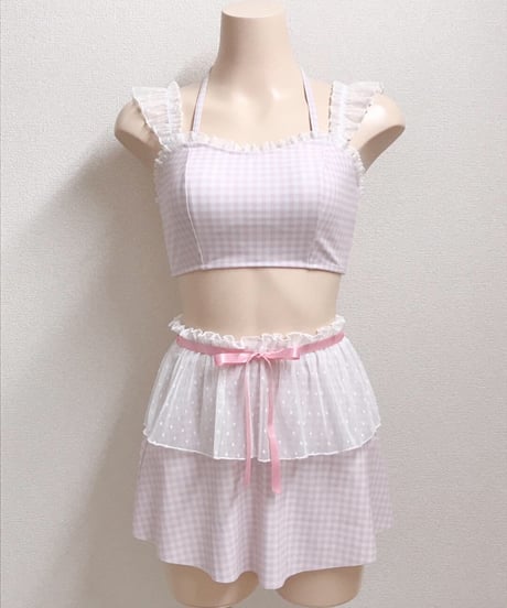 後ろレースアップハイウエストビキニ3点セット(PINK)