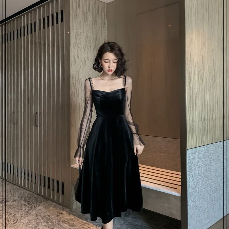 異素材ミックス ベルベット シースルー ワンピ パーティー ドレス | REFLET