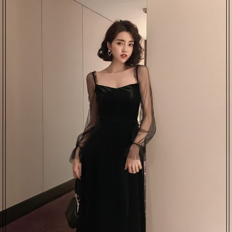 異素材ミックス ベルベット シースルー ワンピ パーティー ドレス | REFLET