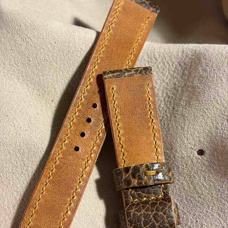 hor-261 HORWEEN バイソンレザー / ブラウン 腕時計ベルト (ラグ20mm - バックル幅18mm)