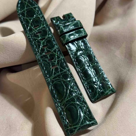cro-1847  クロコダイル グロス仕上げ レザー 腕時計 ベルト グリーン  (ラグ幅22 mm - バックル幅20 mm)