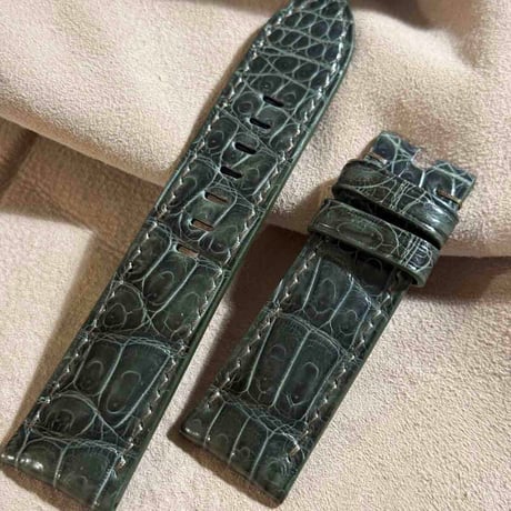 cro-1851  クロコダイル グロス仕上げ レザー 腕時計 ベルト オリーブグリーン  (ラグ幅24 mm - バックル幅22 mm)