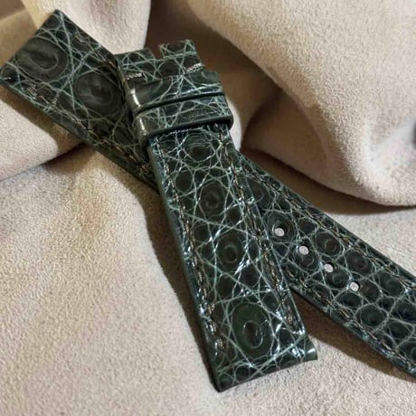cro-1918  クロコダイル   腕時計 ベルト グロス仕上げ オリーブ  (ラグ幅21 mm - バックル幅18 mm)