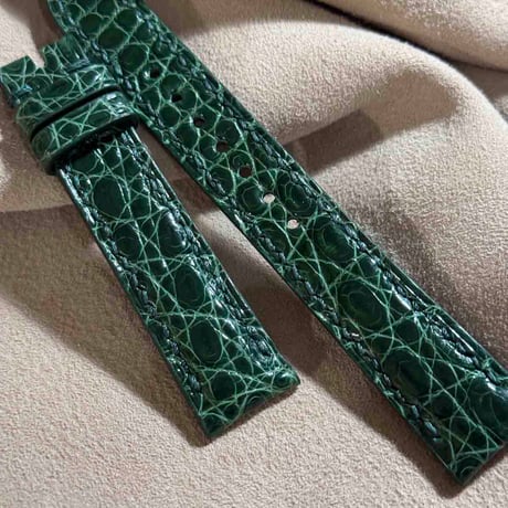cro-1864  クロコダイル グロス仕上げ レザー 腕時計 ベルト グリーン  (ラグ幅18 mm - バックル幅16 mm)