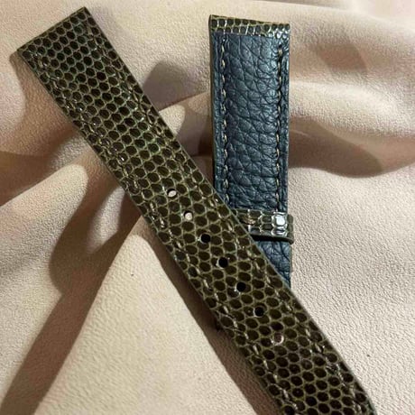 liz-289  リザード レザー 腕時計 ベルト オリーブグリーン (ラグ幅19 mm - バックル幅16 mm)