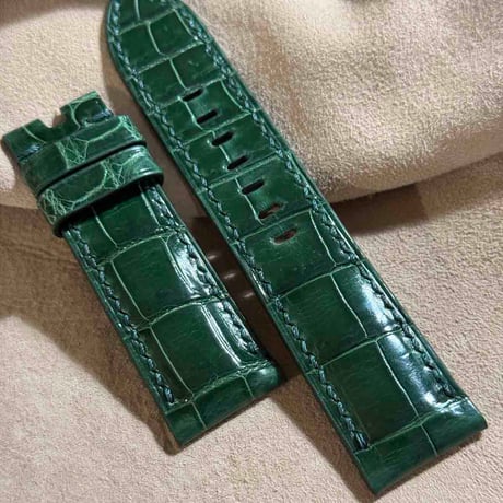 cro-1852  クロコダイル グロス仕上げ レザー 腕時計 ベルト グリーン  (ラグ幅24 mm - バックル幅22 mm)