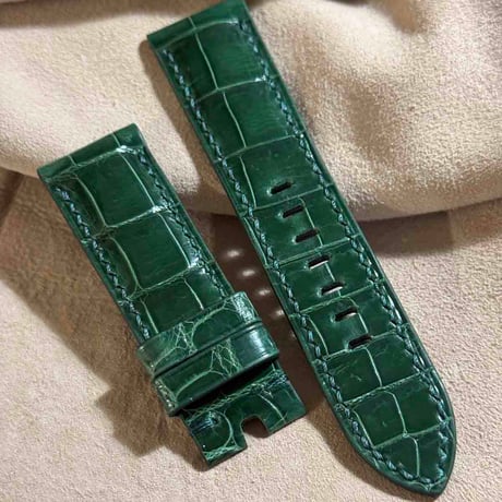 cro-1852  クロコダイル グロス仕上げ レザー 腕時計 ベルト グリーン  (ラグ幅24 mm - バックル幅22 mm)