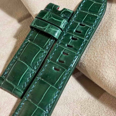 cro-1852  クロコダイル グロス仕上げ レザー 腕時計 ベルト グリーン  (ラグ幅24 mm - バックル幅22 mm)