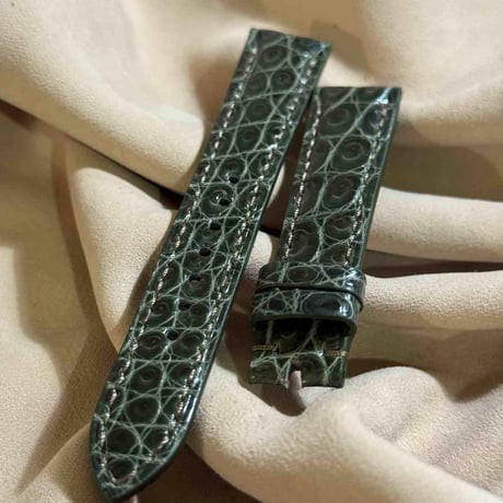 cro-1964  クロコダイル   腕時計 ベルト グロス仕上げ オリーブ  (ラグ幅19 mm - バックル幅16 mm)