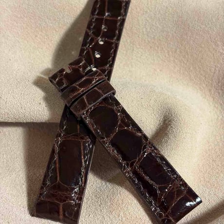 cro-2003  クロコダイル グロス仕上げ  腕時計ベルト ダークブラウン (ラグ幅18 mm - バックル幅16 mm)