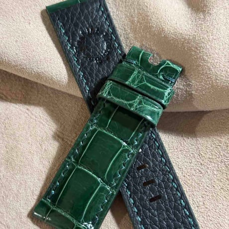 cro-1852  クロコダイル グロス仕上げ レザー 腕時計 ベルト グリーン  (ラグ幅24 mm - バックル幅22 mm)