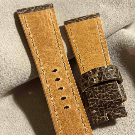 hor-258 HORWEEN バイソンレザー / ブラウン 腕時計ベルト (ラグ26mm - バックル幅22mm)