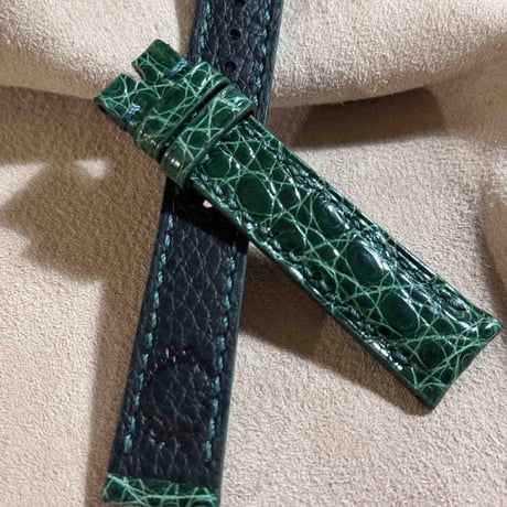 cro-1864  クロコダイル グロス仕上げ レザー 腕時計 ベルト グリーン  (ラグ幅18 mm - バックル幅16 mm)